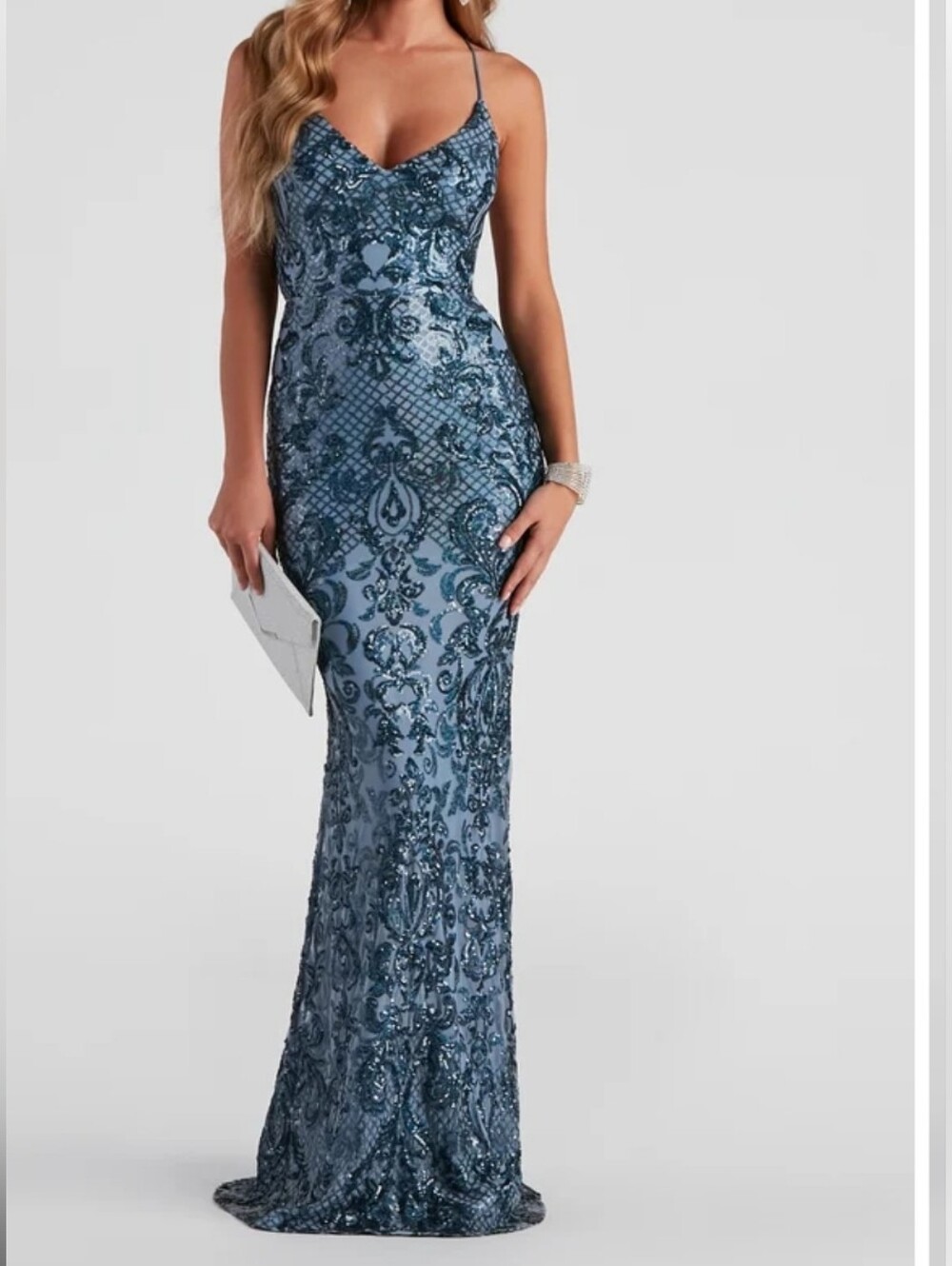 Windsor Blue Sequin Lace Up Mermaid Prom Formal Dress, Size XS, LNWOT